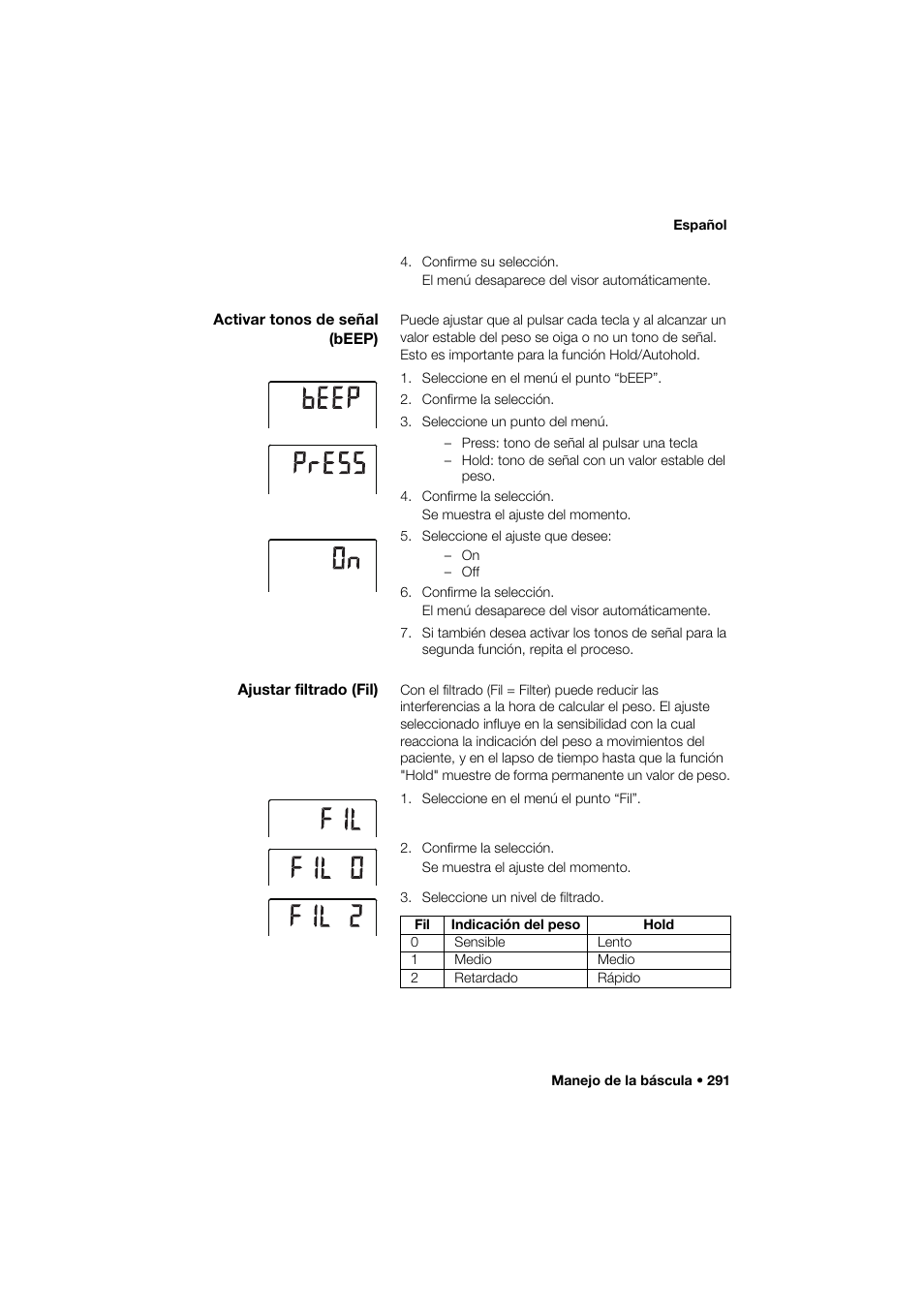Activar tonos de señal (beep), Ajustar filtrado (fil) | Seca 285 User Manual | Page 291 / 451