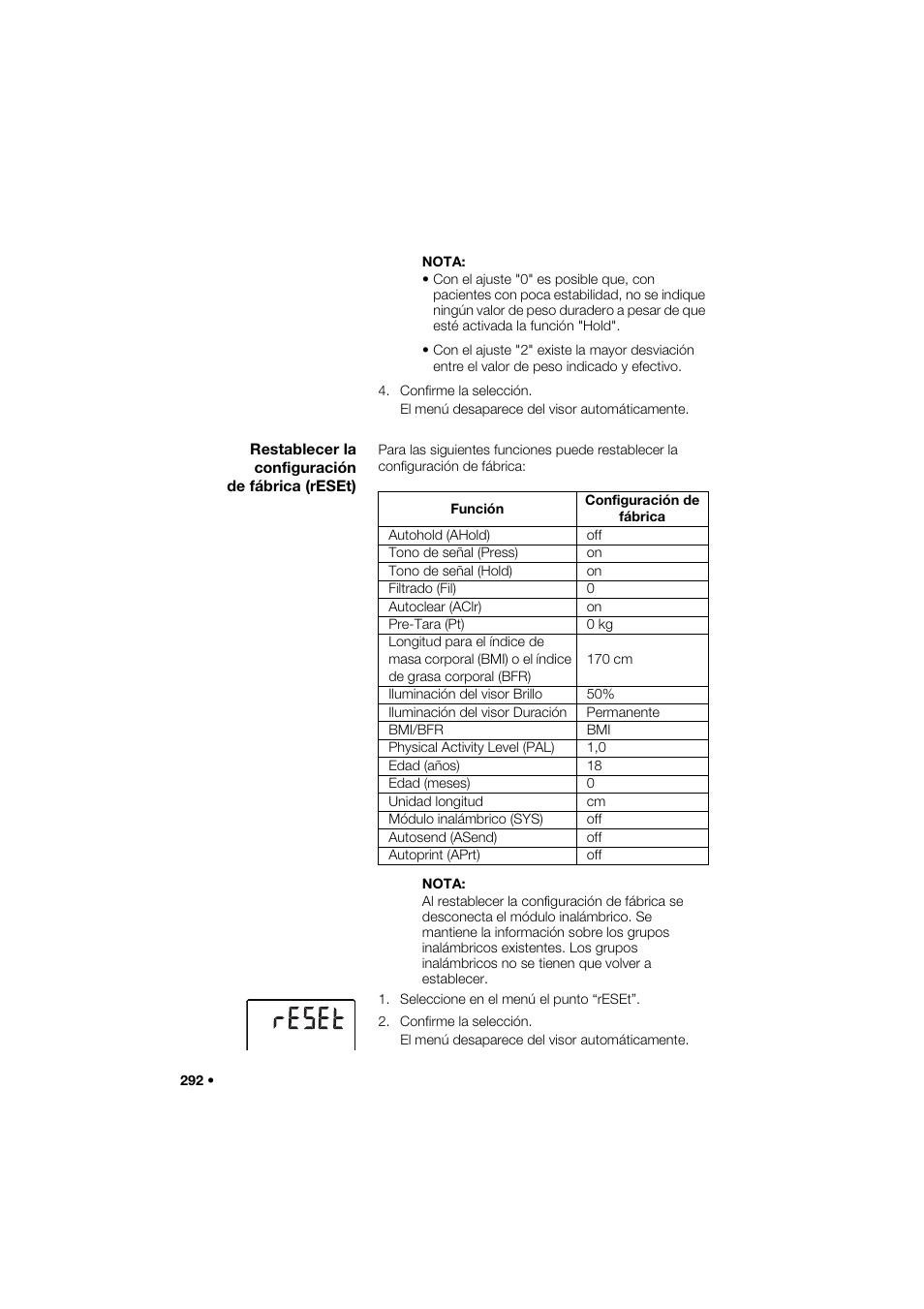 Restablecer la configuración de fábrica (reset) | Seca 285 User Manual | Page 292 / 451