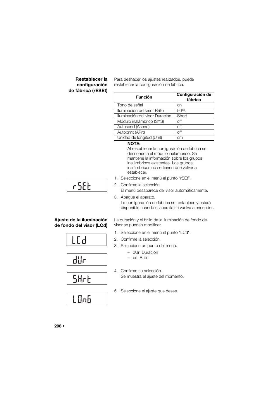 Restablecer la configuración de fábrica (reset), Ajuste de la iluminación de fondo del visor (lcd) | Seca 285 User Manual | Page 298 / 451