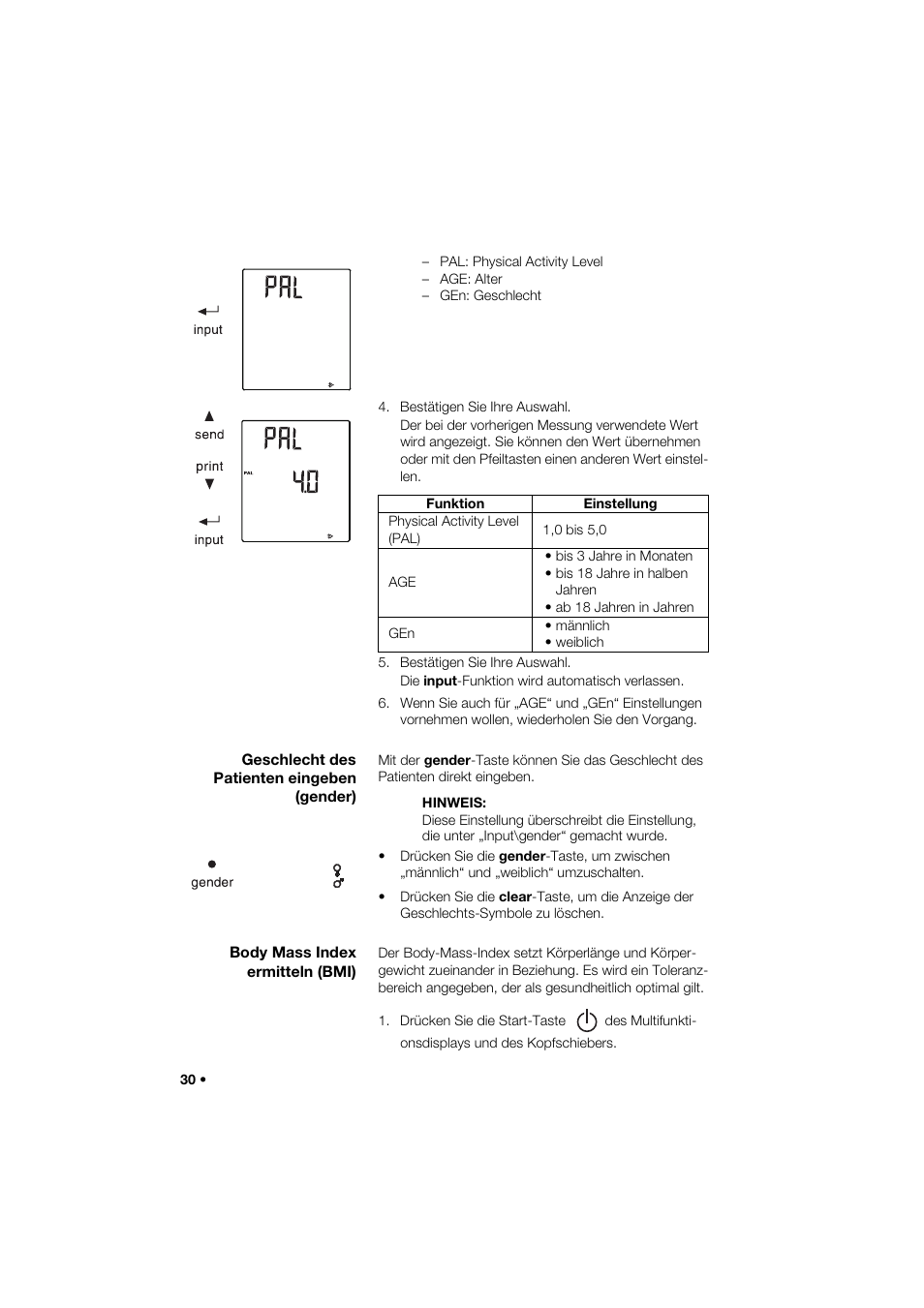 Geschlecht des patienten eingeben (gender), Body mass index ermitteln (bmi) | Seca 285 User Manual | Page 30 / 451