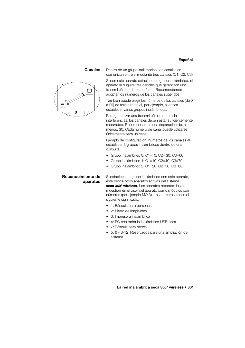 Canales, Reconocimiento de aparatos | Seca 285 User Manual | Page 301 / 451