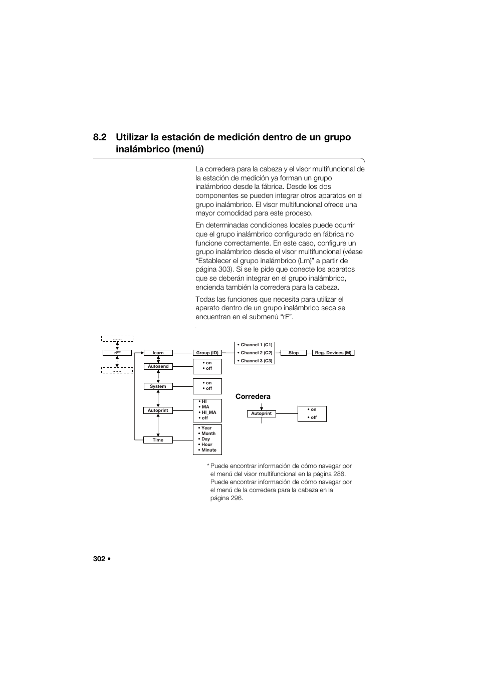 2 utilizar la estación de medición dentro de un, Grupo inalámbrico (menú), Corredera | Seca 285 User Manual | Page 302 / 451