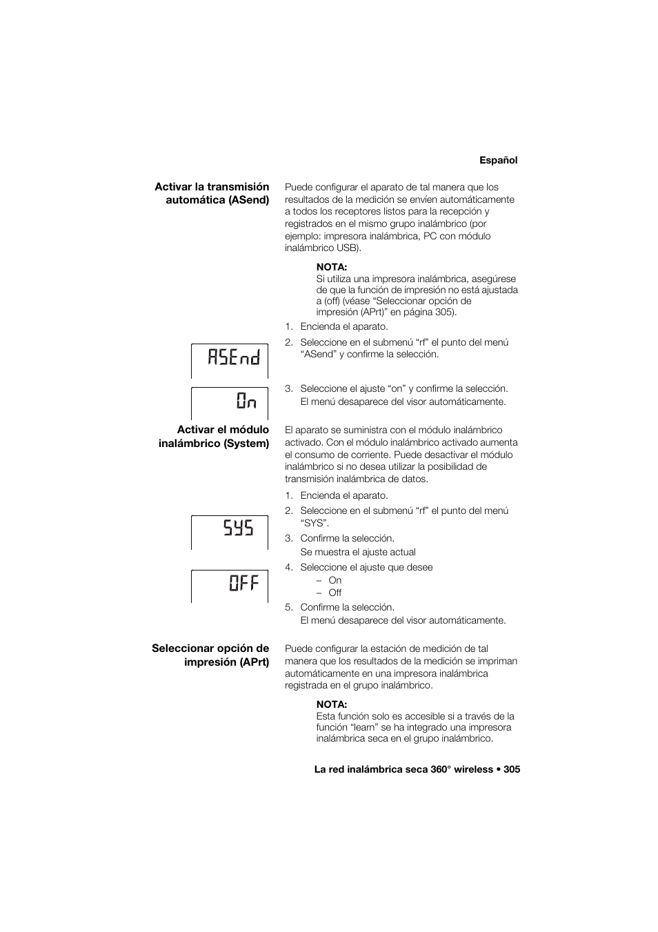 Activar la transmisión automática (asend), Activar el módulo inalámbrico (system), Seleccionar opción de impresión (aprt) | Seca 285 User Manual | Page 305 / 451