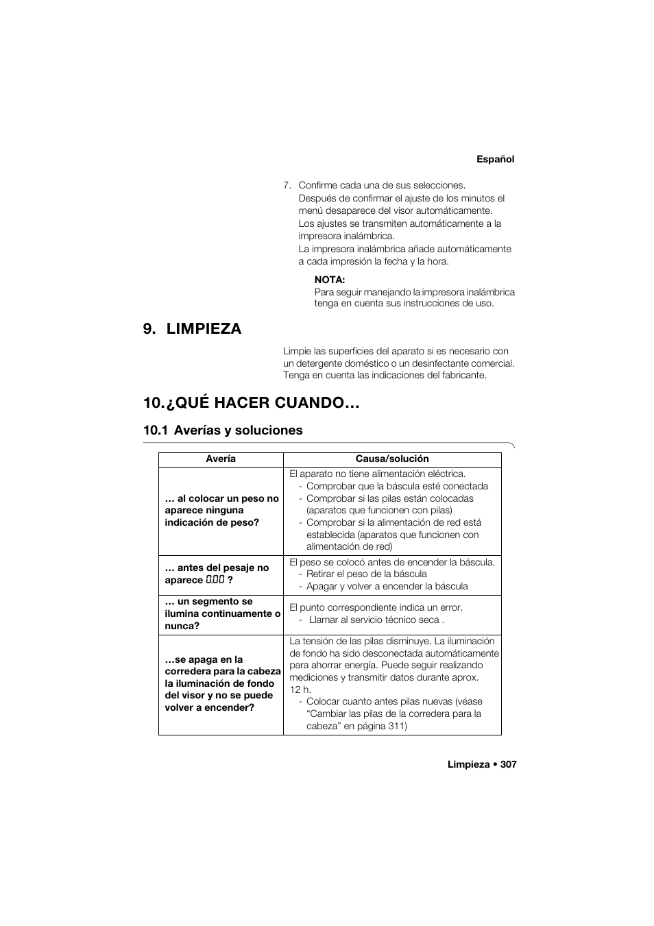 Limpieza, ¿qué hacer cuando, 1 averías y soluciones | Seca 285 User Manual | Page 307 / 451