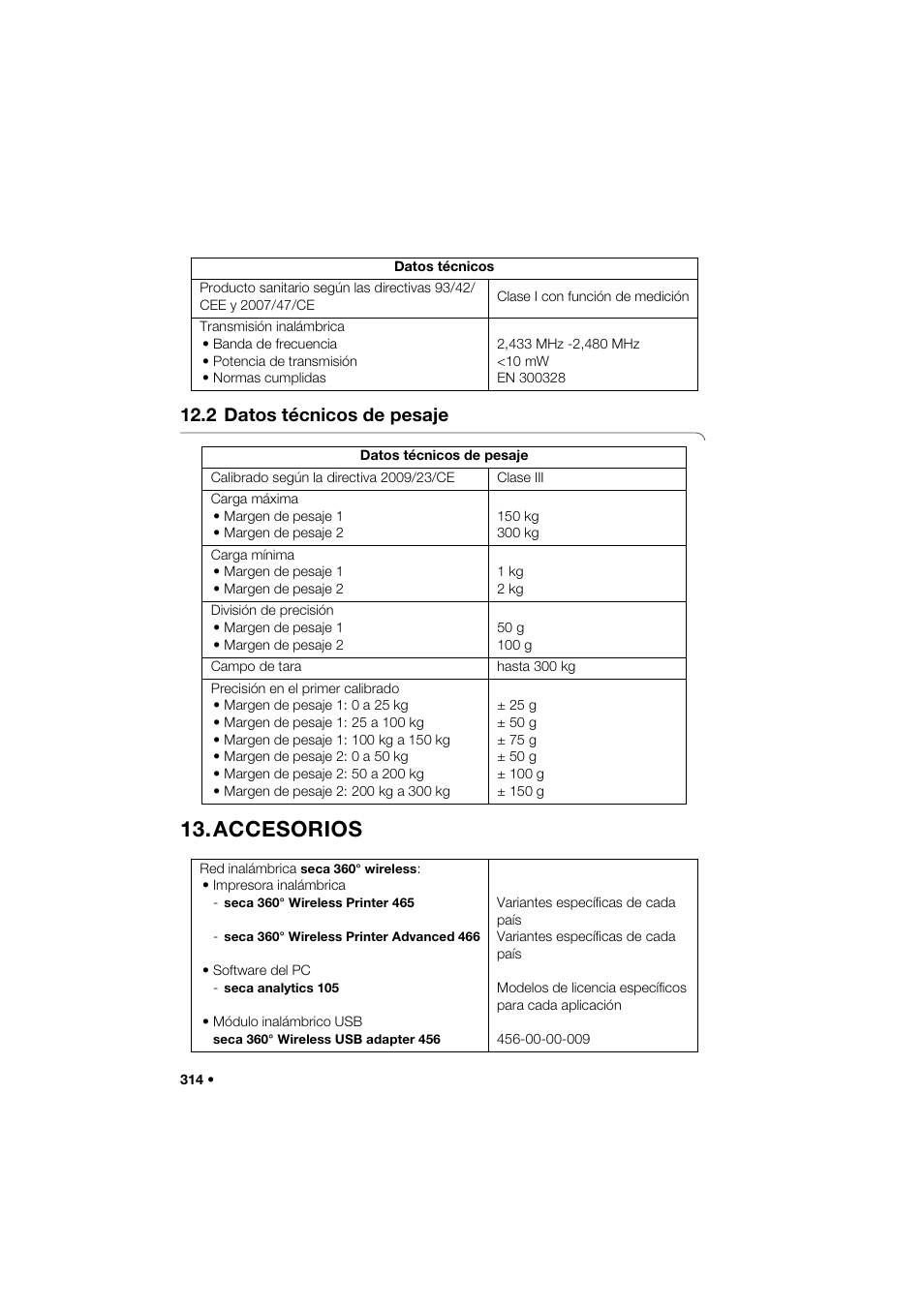 2 datos técnicos de pesaje, Accesorios | Seca 285 User Manual | Page 314 / 451
