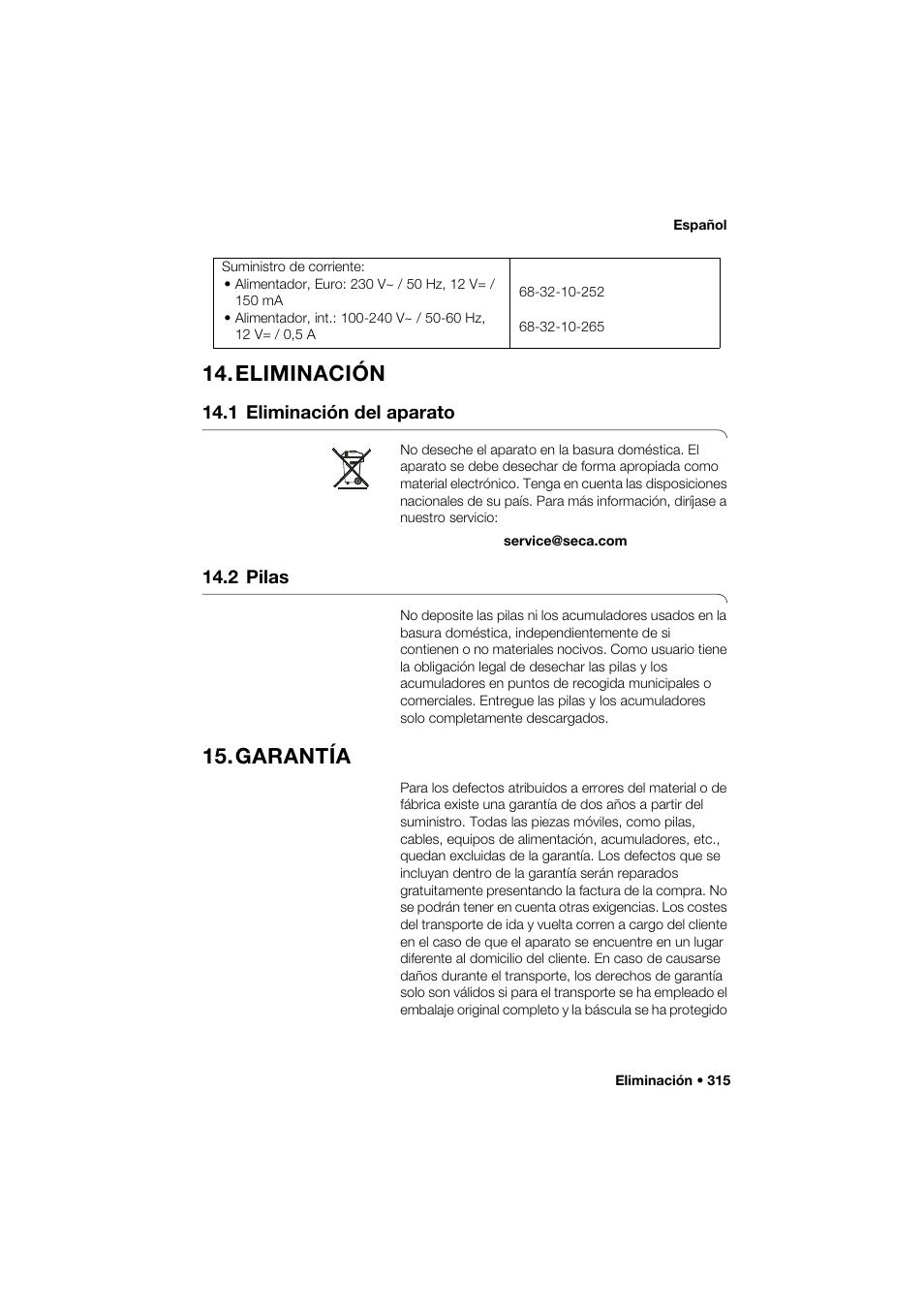 Eliminación, 1 eliminación del aparato, 2 pilas | Garantía | Seca 285 User Manual | Page 315 / 451