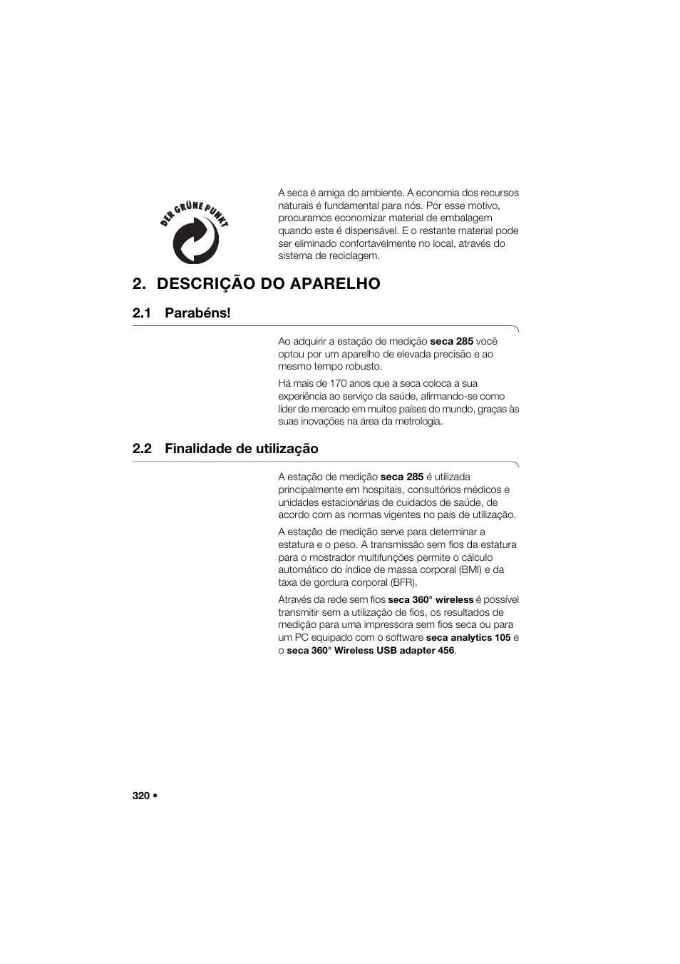 Descrição do aparelho, 1 parabéns, 2 finalidade de utilização | Seca 285 User Manual | Page 320 / 451