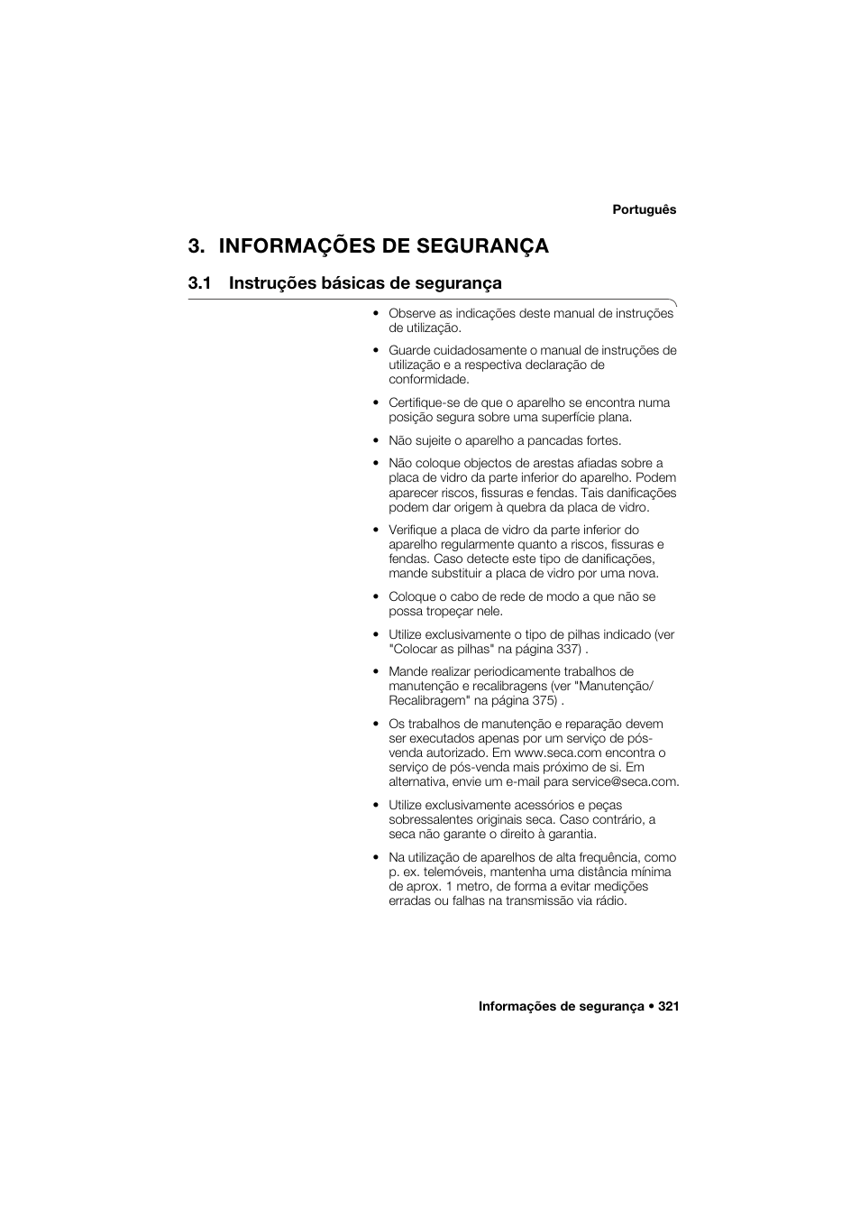 Informações de segurança, 1 instruções básicas de segurança | Seca 285 User Manual | Page 321 / 451