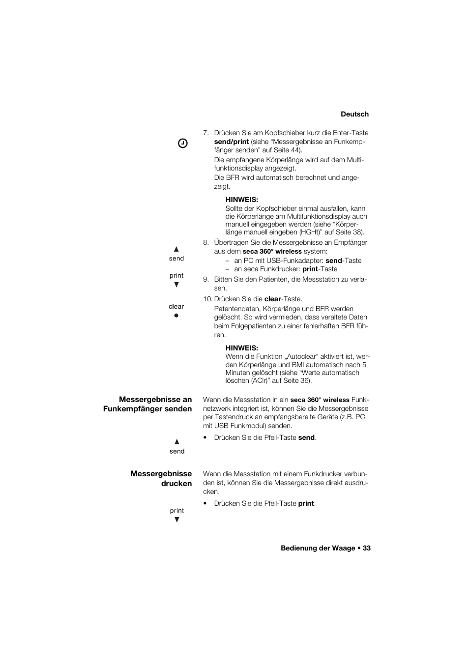 Messergebnisse an funkempfänger senden, Messergebnisse drucken | Seca 285 User Manual | Page 33 / 451