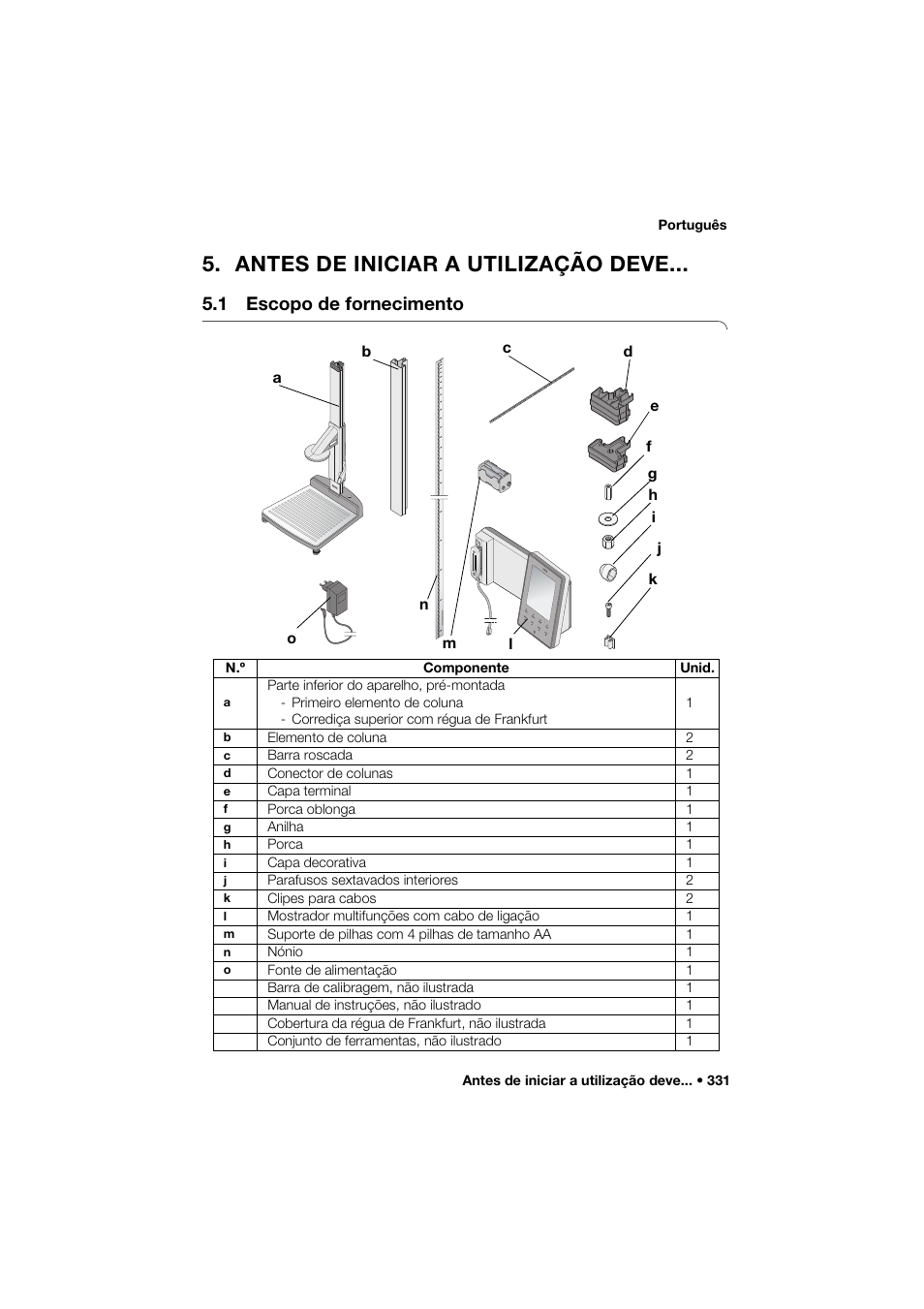 Antes de iniciar a utilização deve, 1 escopo de fornecimento | Seca 285 User Manual | Page 331 / 451