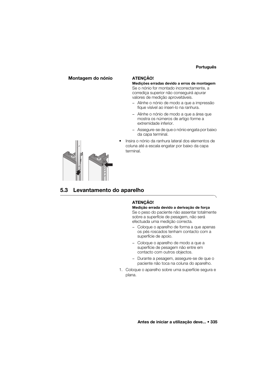 Montagem do nónio, 3 levantamento do aparelho | Seca 285 User Manual | Page 335 / 451