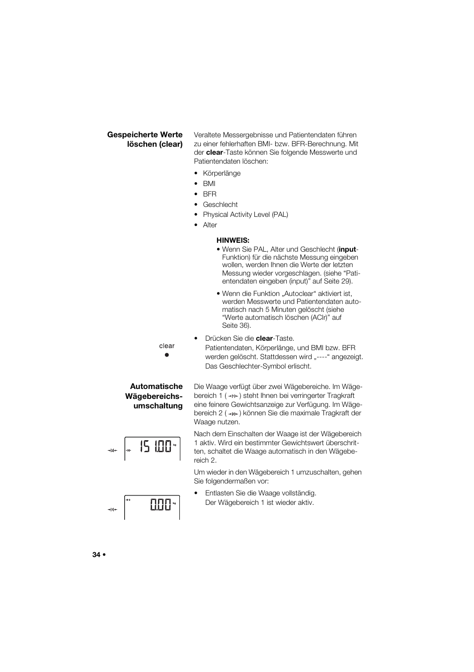 Gespeicherte werte löschen (clear), Automatische wägebereichs- umschaltung | Seca 285 User Manual | Page 34 / 451