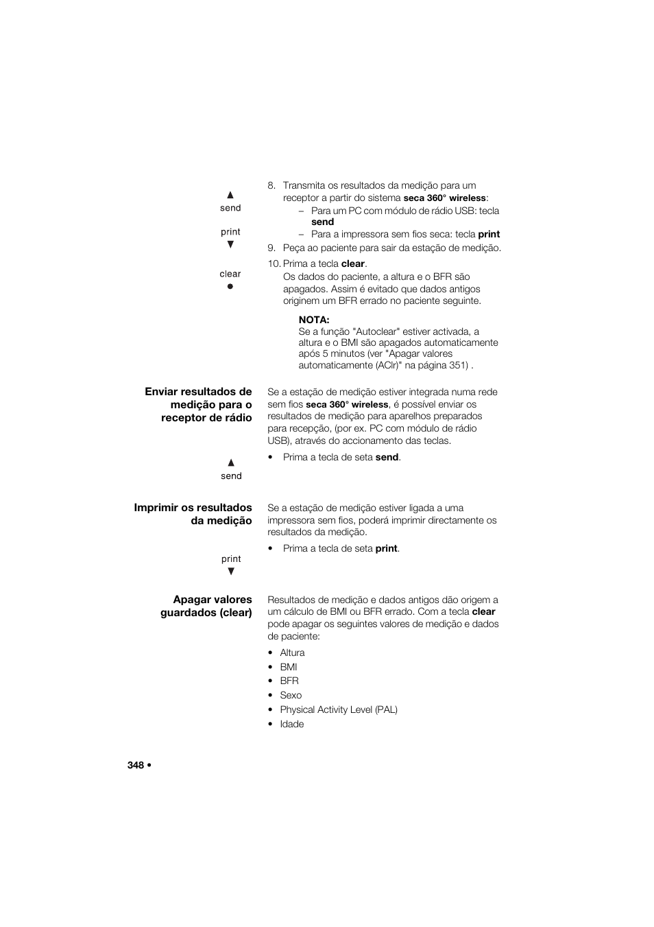 Imprimir os resultados da medição, Apagar valores guardados (clear) | Seca 285 User Manual | Page 348 / 451