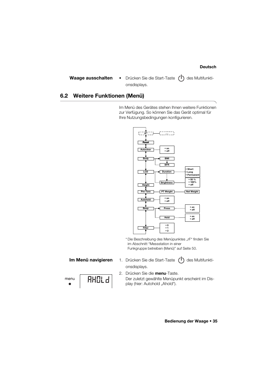 Waage ausschalten, 2 weitere funktionen (menü), Im menü navigieren | Bedienung der waage • 35 deutsch | Seca 285 User Manual | Page 35 / 451