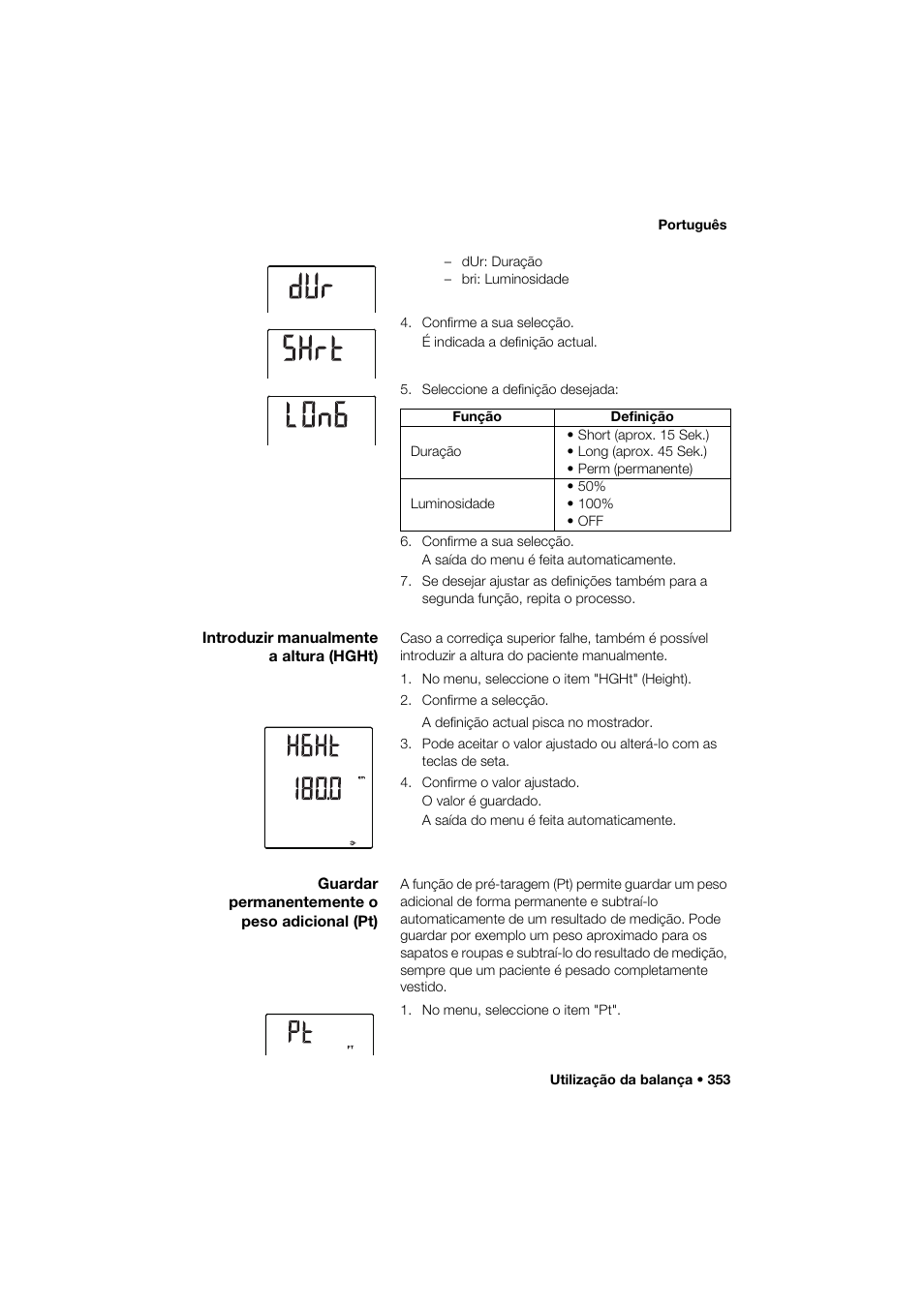 Introduzir manualmente a altura (hght), Guardar permanentemente o peso adicional (pt) | Seca 285 User Manual | Page 353 / 451