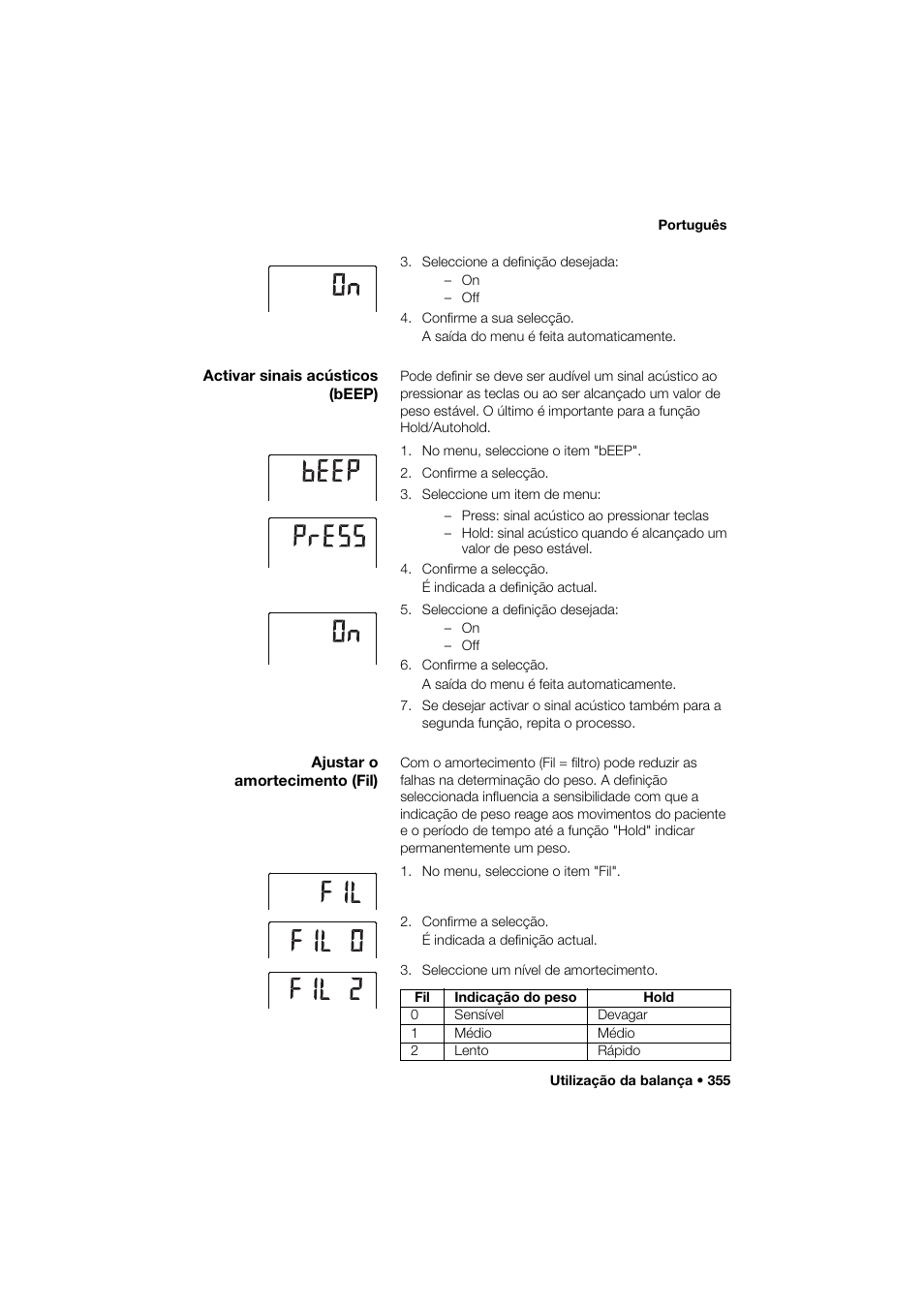 Activar sinais acústicos (beep), Ajustar o amortecimento (fil) | Seca 285 User Manual | Page 355 / 451