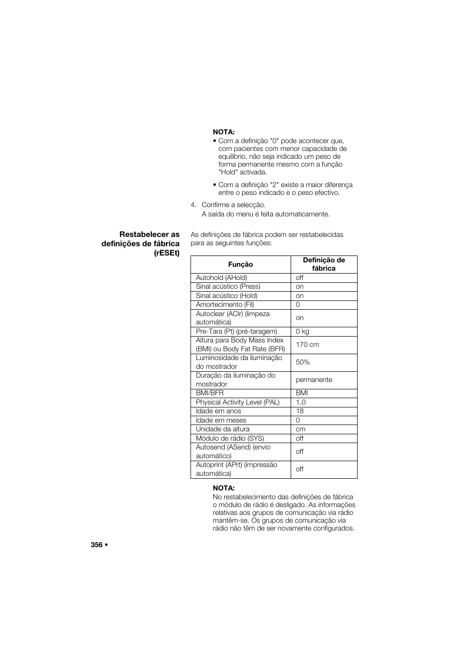 Restabelecer as definições de fábrica (reset) | Seca 285 User Manual | Page 356 / 451