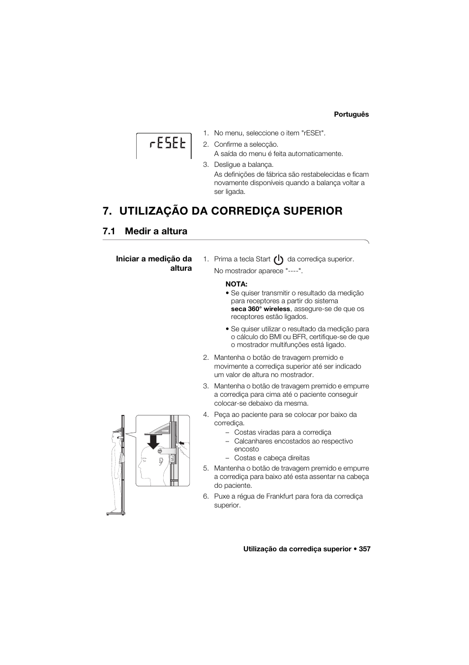 Utilização da corrediça superior, 1 medir a altura, Iniciar a medição da altura | Seca 285 User Manual | Page 357 / 451