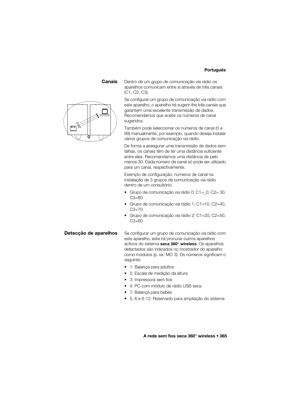 Canais, Detecção de aparelhos | Seca 285 User Manual | Page 365 / 451