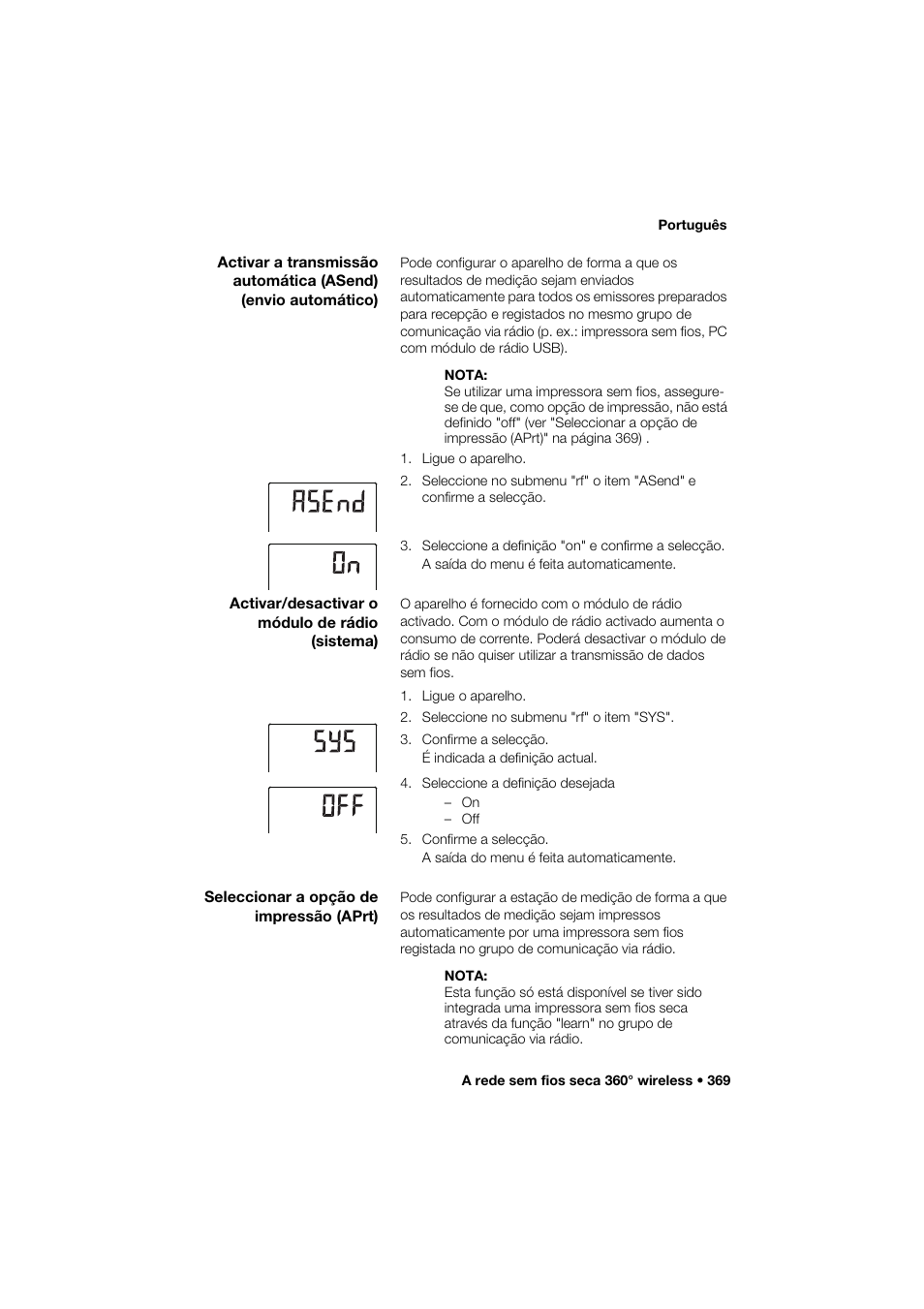 Activar/desactivar o módulo de rádio (sistema), Seleccionar a opção de impressão (aprt) | Seca 285 User Manual | Page 369 / 451