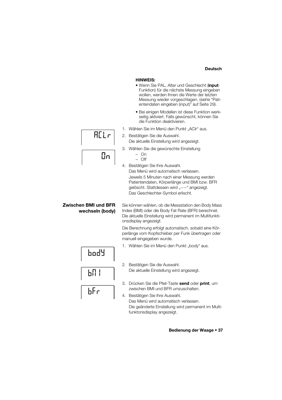 Zwischen bmi und bfr wechseln (body) | Seca 285 User Manual | Page 37 / 451