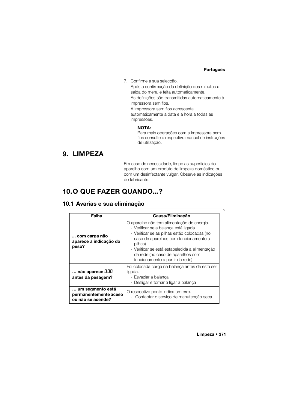 Limpeza, O que fazer quando, 1 avarias e sua eliminação | Seca 285 User Manual | Page 371 / 451