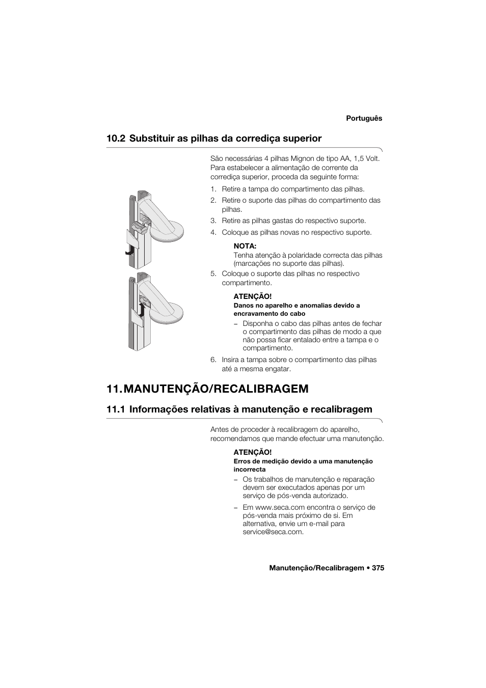 2 substituir as pilhas da corrediça superior, Manutenção/recalibragem | Seca 285 User Manual | Page 375 / 451