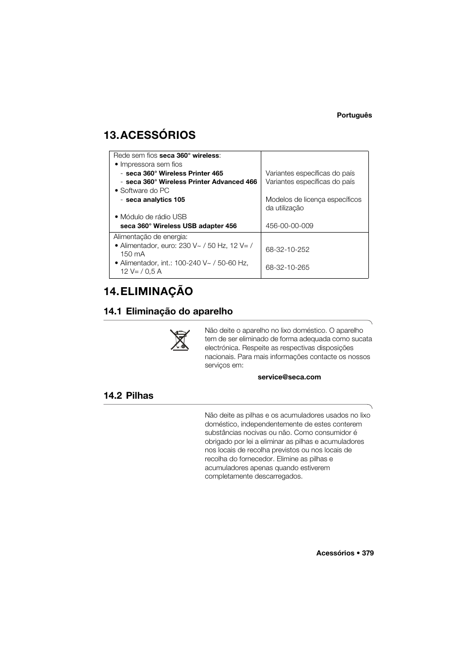 Acessórios, Eliminação, 1 eliminação do aparelho | 2 pilhas, Acessórios 14. eliminação | Seca 285 User Manual | Page 379 / 451