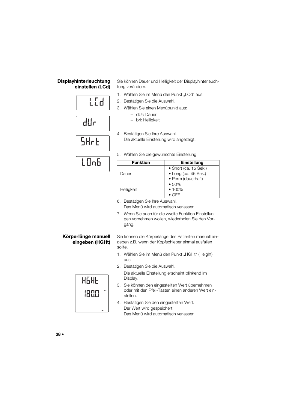 Displayhinterleuchtung einstellen (lcd), Körperlänge manuell eingeben (hght) | Seca 285 User Manual | Page 38 / 451