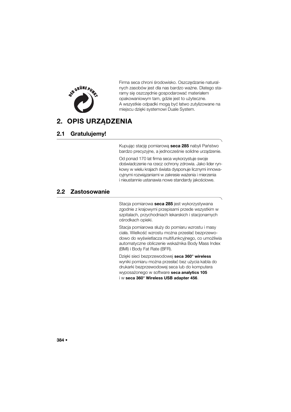 Opis urządzenia, 1 gratulujemy, 2 zastosowanie | Seca 285 User Manual | Page 384 / 451