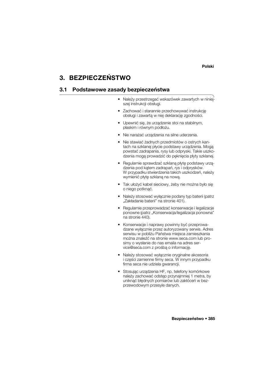 Bezpieczeństwo, 1 podstawowe zasady bezpieczeństwa | Seca 285 User Manual | Page 385 / 451