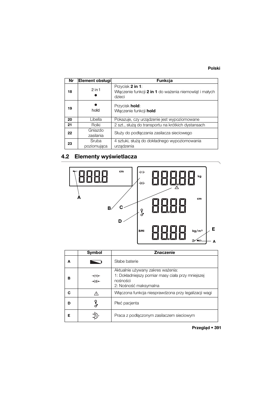 2 elementy wyświetlacza | Seca 285 User Manual | Page 391 / 451