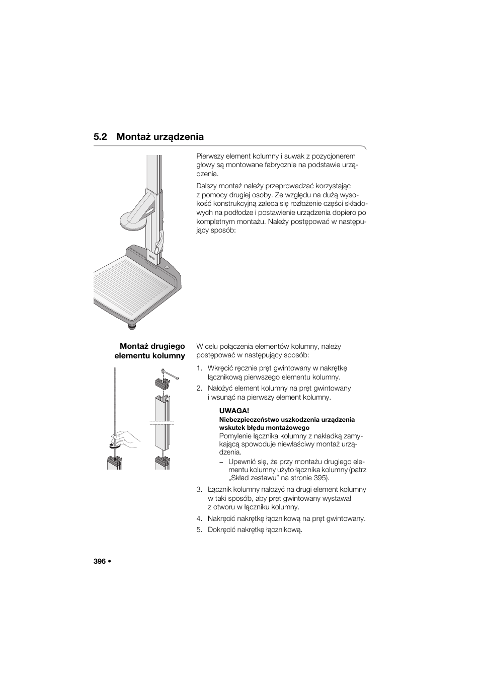 2 montaż urządzenia, Montaż drugiego elementu kolumny | Seca 285 User Manual | Page 396 / 451