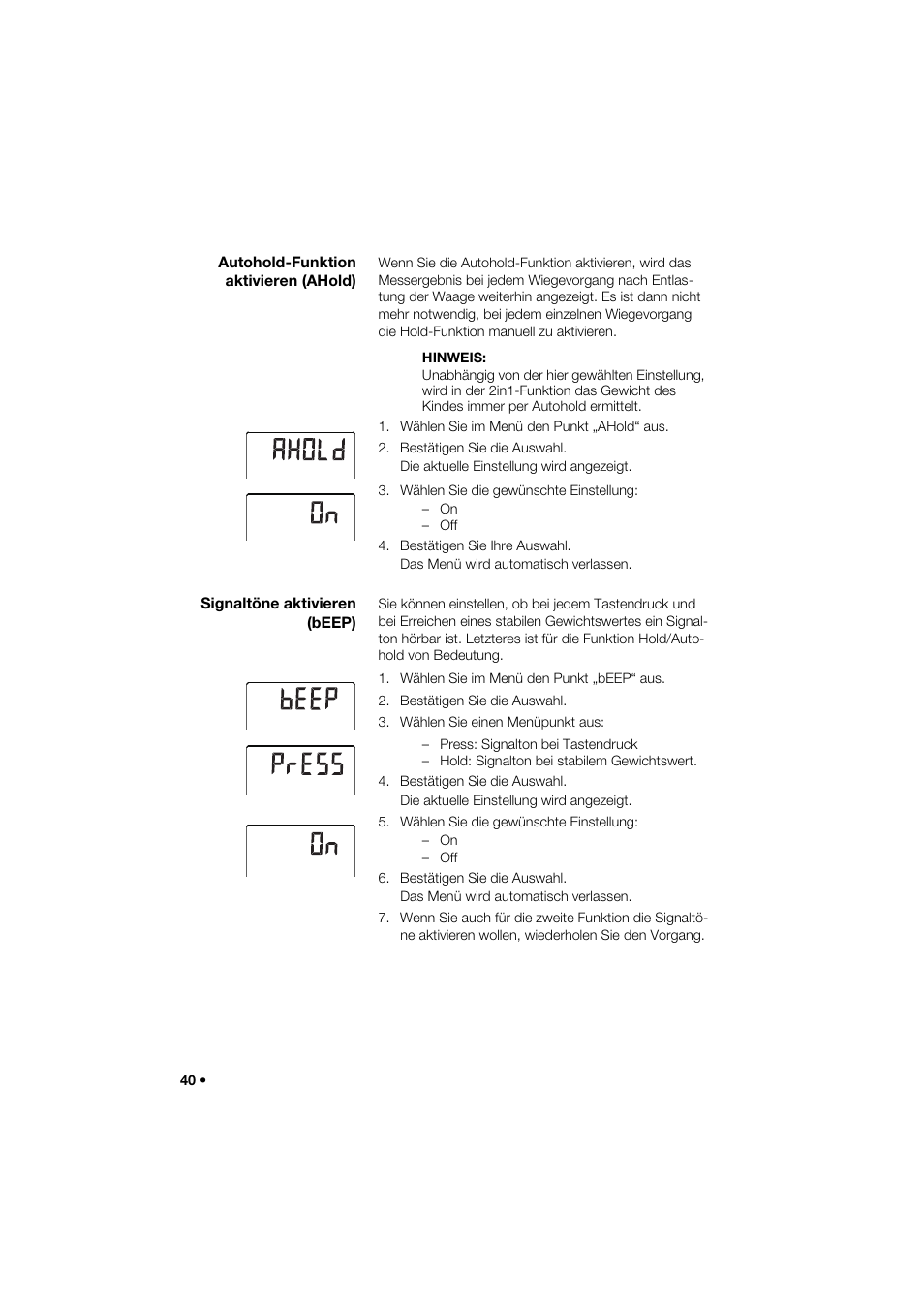 Autohold-funktion aktivieren (ahold), Signaltöne aktivieren (beep) | Seca 285 User Manual | Page 40 / 451