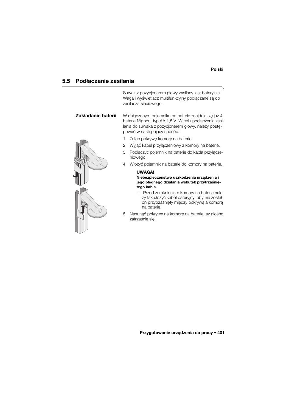 5 podłączanie zasilania, Zakładanie baterii | Seca 285 User Manual | Page 401 / 451