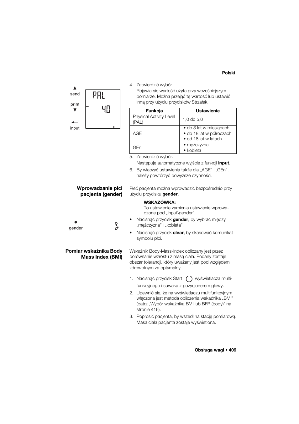 Wprowadzanie płci pacjenta (gender), Pomiar wskaźnika body mass index (bmi) | Seca 285 User Manual | Page 409 / 451