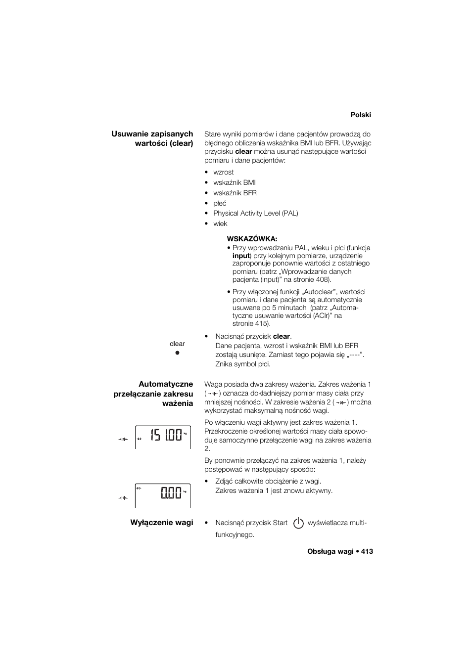 Usuwanie zapisanych wartości (clear), Automatyczne przełączanie zakresu ważenia, Wyłączenie wagi | Seca 285 User Manual | Page 413 / 451