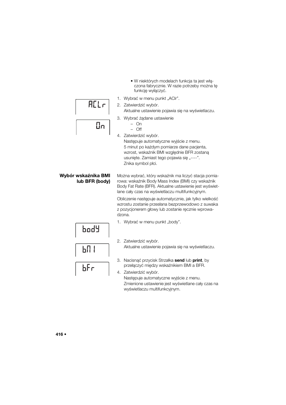 Wybór wskaźnika bmi lub bfr (body) | Seca 285 User Manual | Page 416 / 451