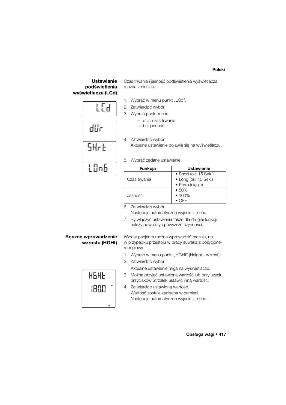Ustawianie podświetlenia wyświetlacza (lcd), Ręczne wprowadzenie wzrostu (hght) | Seca 285 User Manual | Page 417 / 451