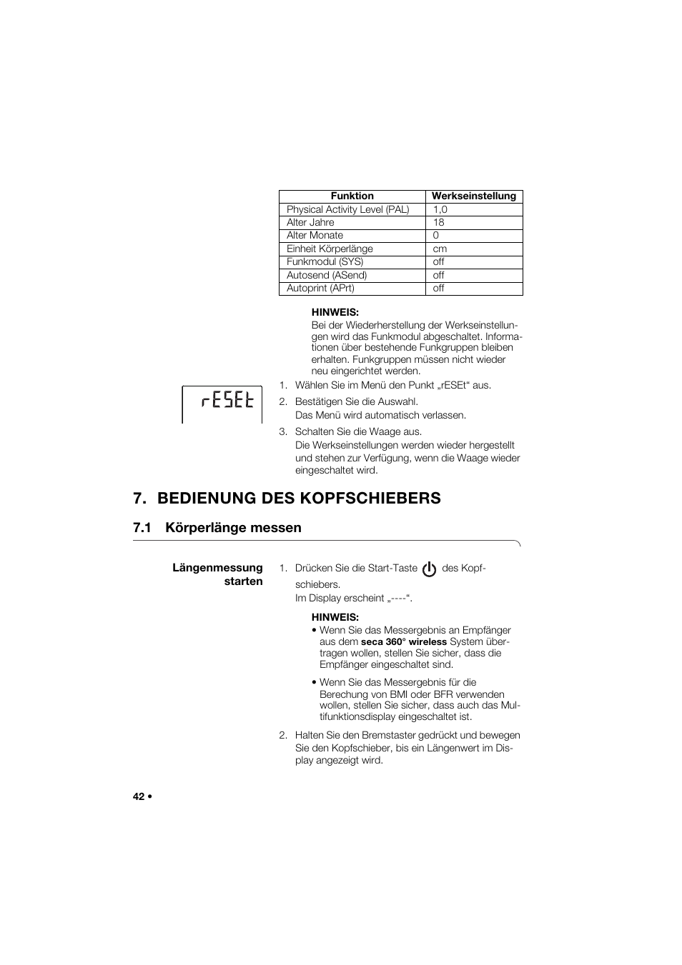 Bedienung des kopfschiebers, 1 körperlänge messen, Längenmessung starten | Seca 285 User Manual | Page 42 / 451