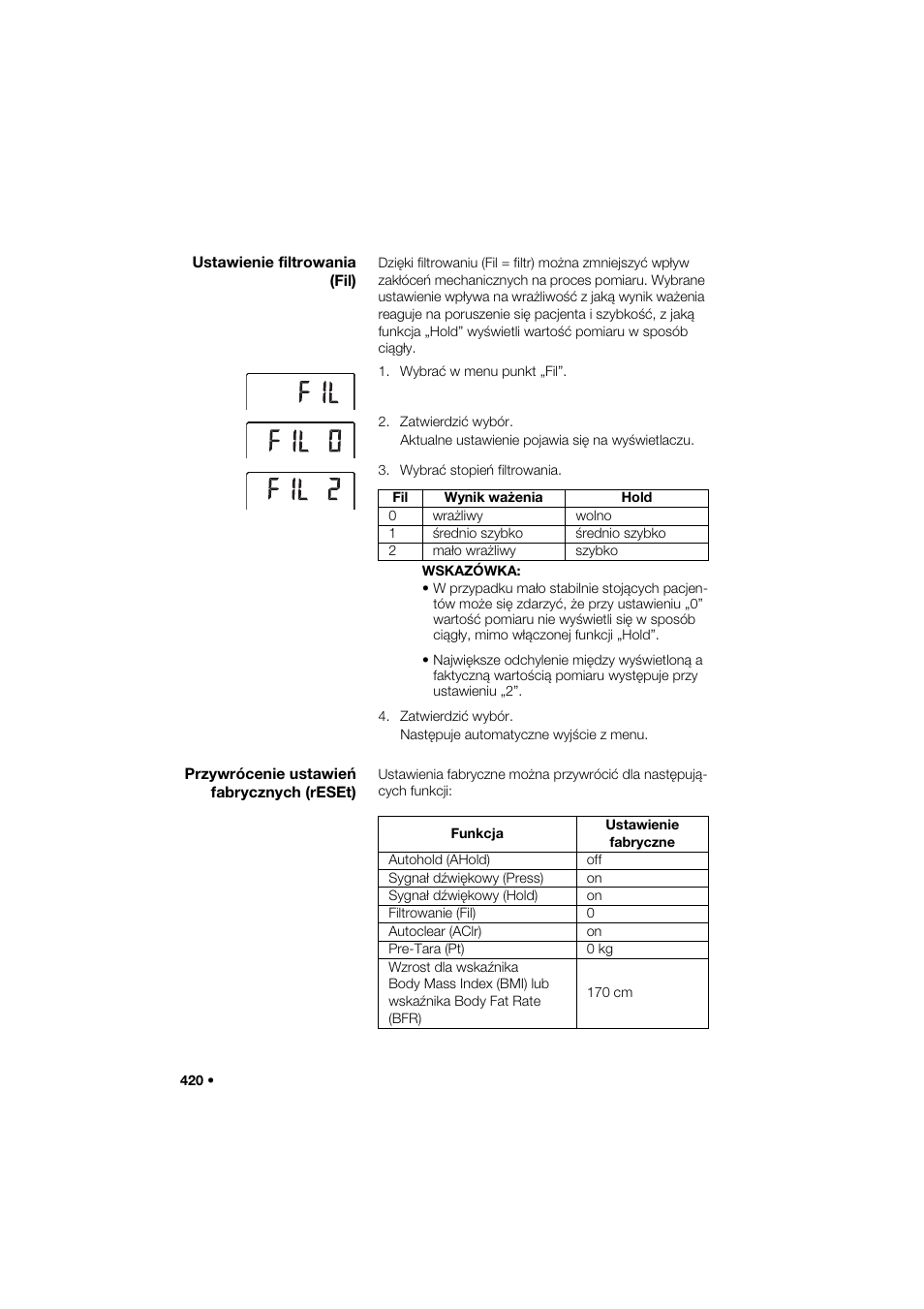 Ustawienie filtrowania (fil), Przywrócenie ustawień fabrycznych (reset) | Seca 285 User Manual | Page 420 / 451