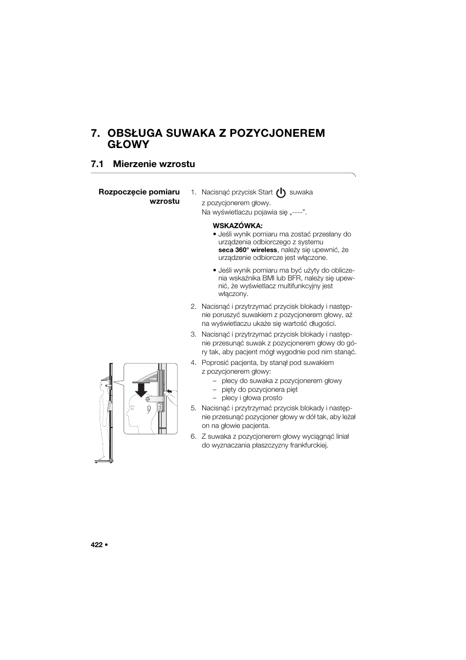 Obsługa suwaka z pozycjonerem głowy, 1 mierzenie wzrostu, Rozpoczęcie pomiaru wzrostu | Seca 285 User Manual | Page 422 / 451