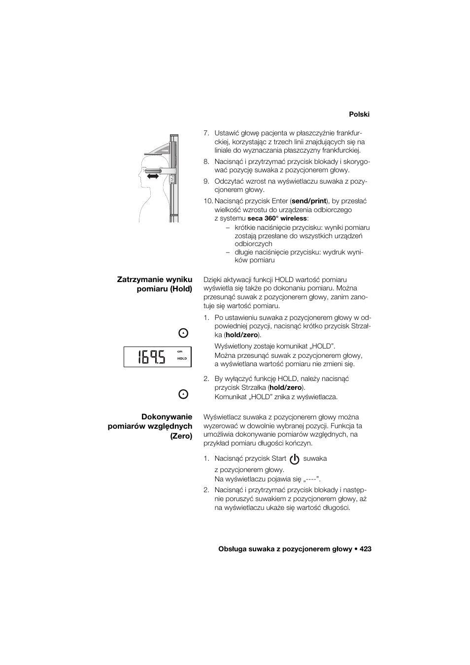 Zatrzymanie wyniku pomiaru (hold), Dokonywanie pomiarów względnych (zero) | Seca 285 User Manual | Page 423 / 451