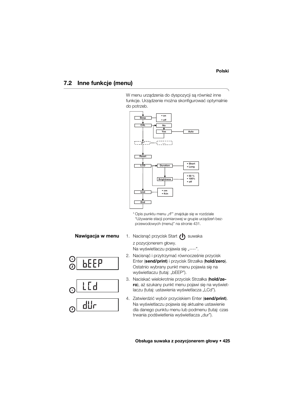 2 inne funkcje (menu), Nawigacja w menu, Obsługa suwaka z pozycjonerem głowy • 425 polski | Seca 285 User Manual | Page 425 / 451