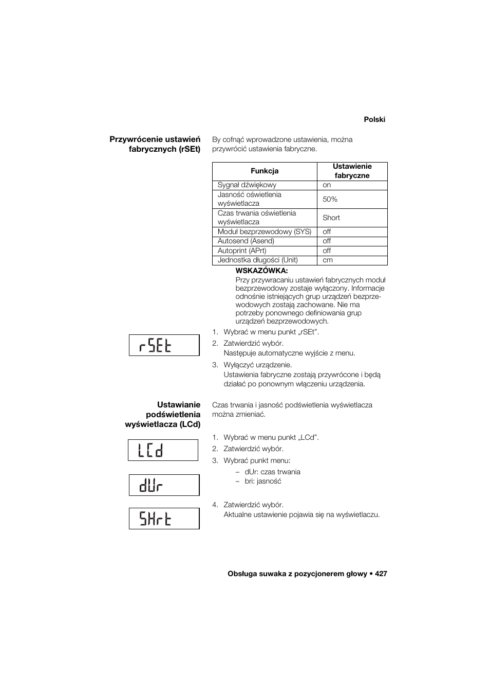 Przywrócenie ustawień fabrycznych (rset), Ustawianie podświetlenia wyświetlacza (lcd) | Seca 285 User Manual | Page 427 / 451