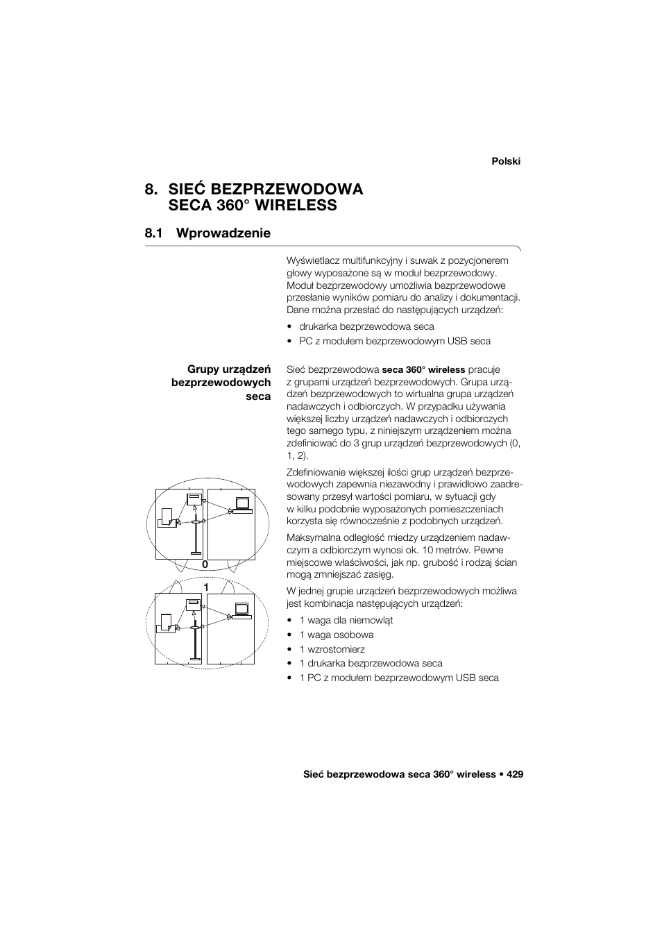 Sieć bezprzewodowa seca 360° wireless, 1 wprowadzenie, Grupy urządzeń bezprzewodowych seca | Seca 285 User Manual | Page 429 / 451
