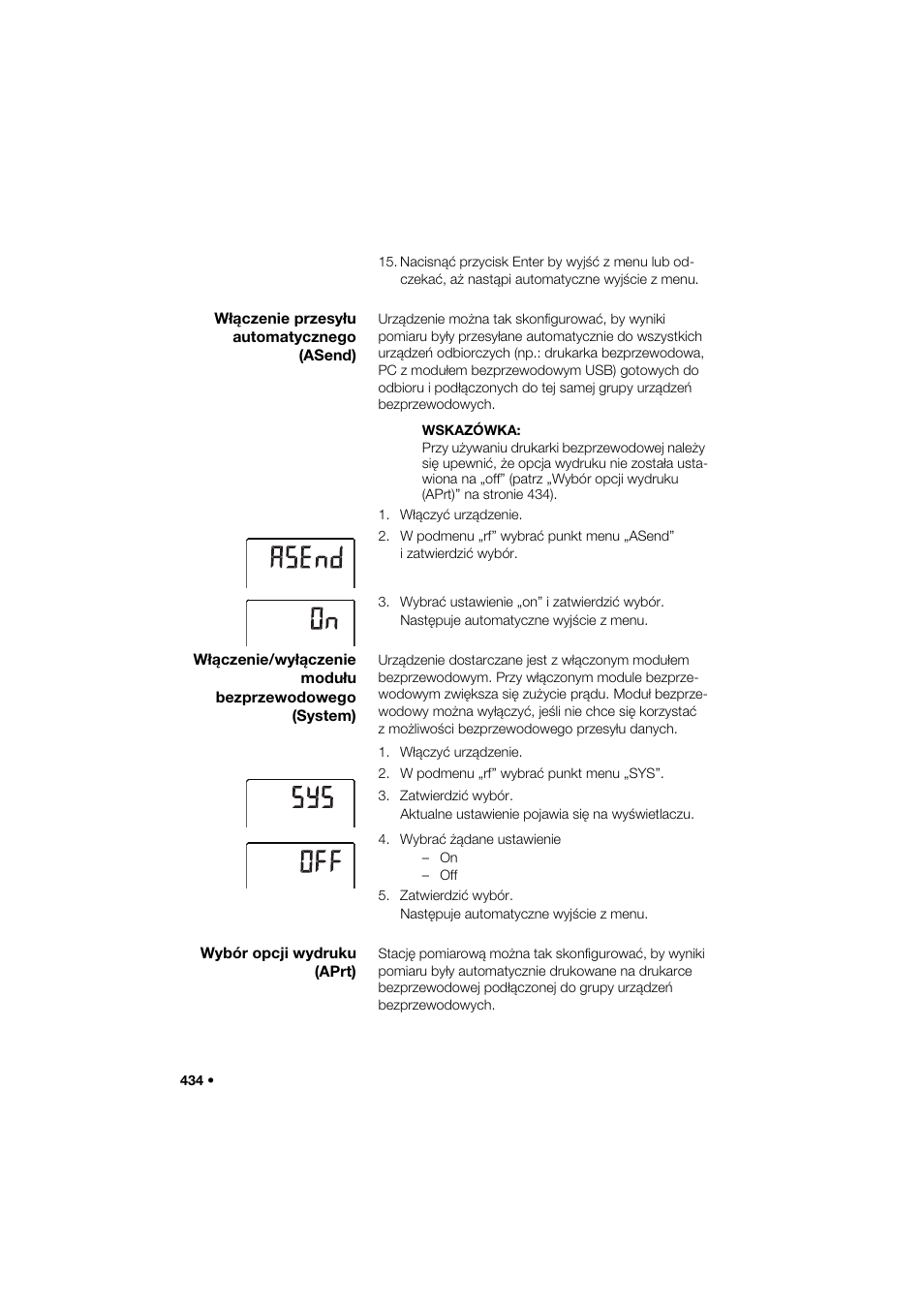 Włączenie przesyłu automatycznego (asend), Wybór opcji wydruku (aprt) | Seca 285 User Manual | Page 434 / 451