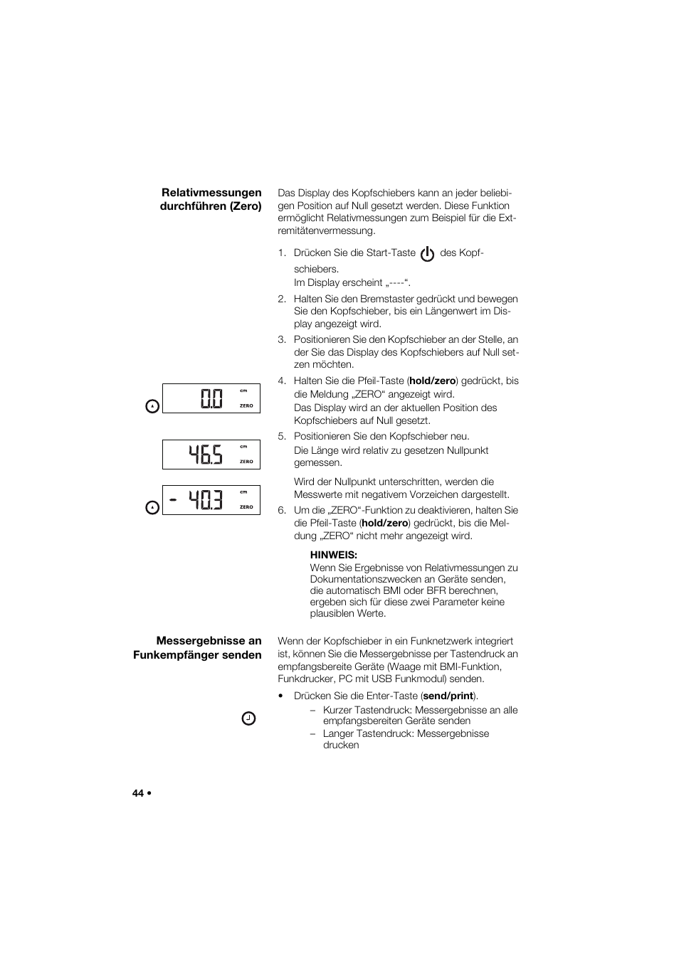 Relativmessungen durchführen (zero), Messergebnisse an funkempfänger senden | Seca 285 User Manual | Page 44 / 451