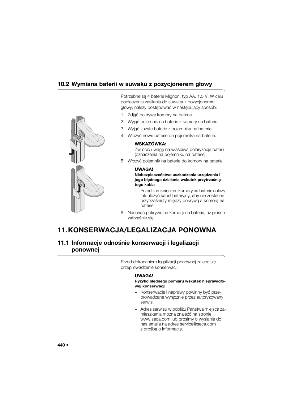 2 wymiana baterii w suwaku z pozycjonerem głowy, Konserwacja/legalizacja ponowna | Seca 285 User Manual | Page 440 / 451
