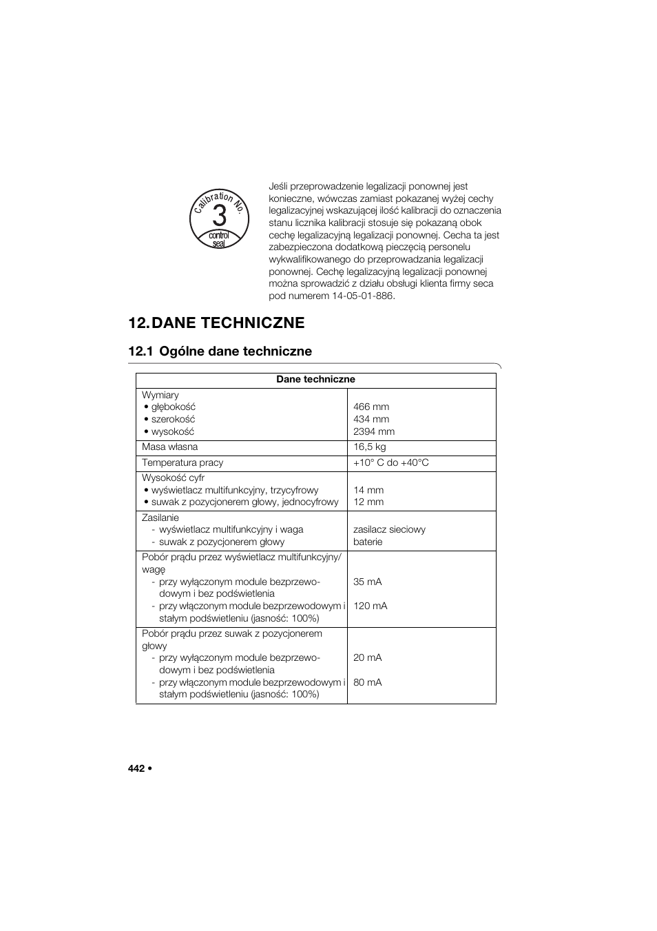 Dane techniczne, 1 ogólne dane techniczne | Seca 285 User Manual | Page 442 / 451